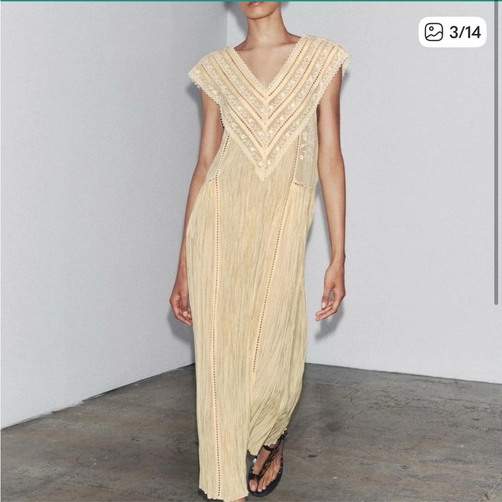 Zara Butter Yellow Embroidered Pleated Dress ZW Collection